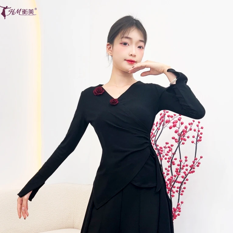 现代舞蹈练功服长袖立体玫瑰花不规则绑带成人上衣中国古典舞服装