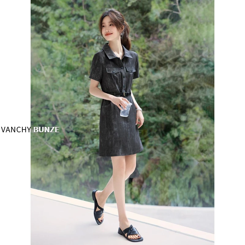 BUNZE 休闲晕染风短袖连衣裙女夏季新款收腰显瘦设计感时尚高级A