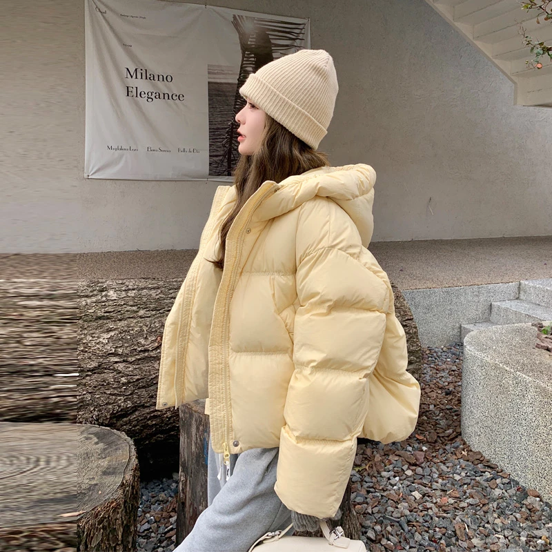韩版奶黄色羽绒服女2024冬季新款小个子奶呼呼氛围感白鸭绒面包服