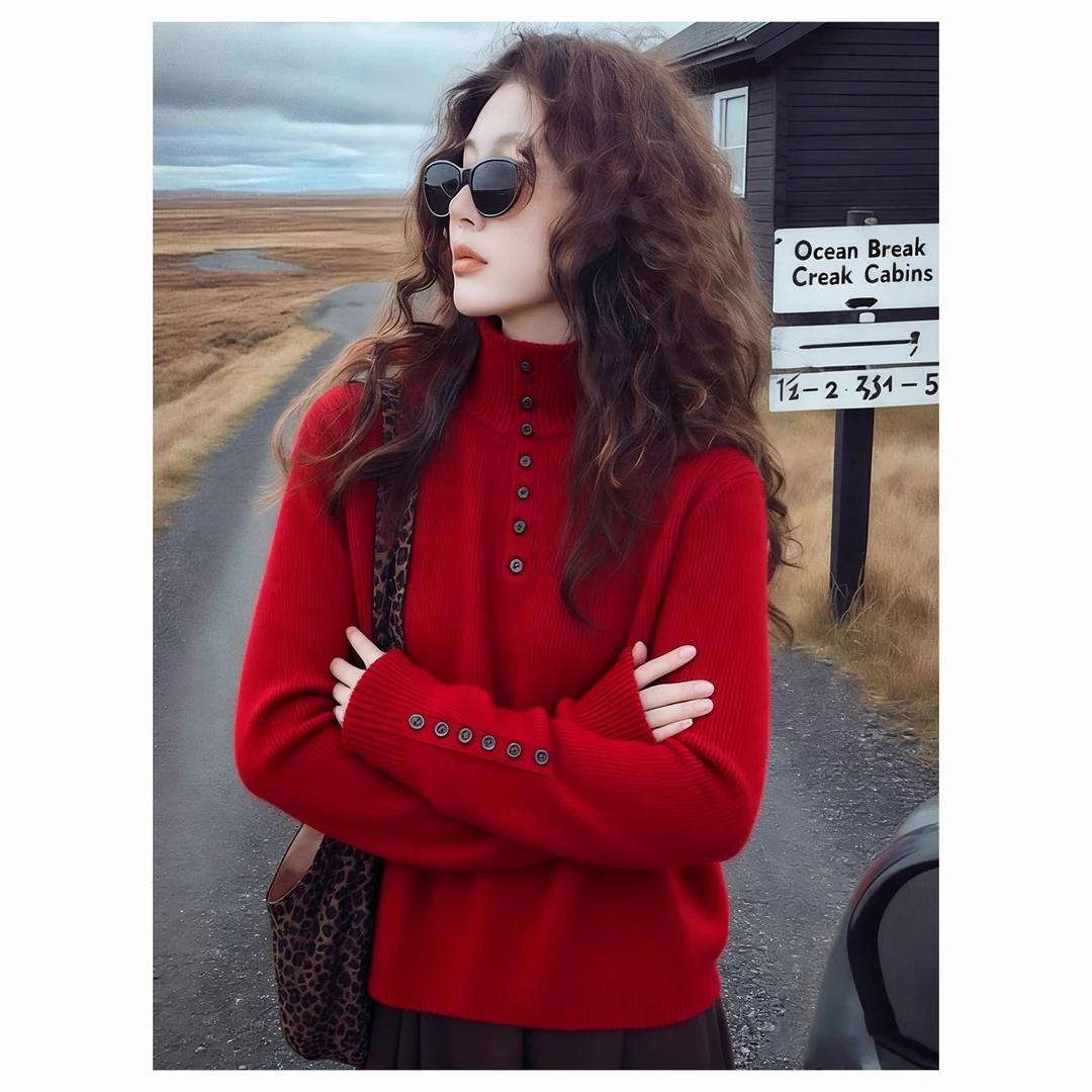 高级感复古红色半高领长袖针织衫女秋冬2025新款排扣慵懒显瘦上衣