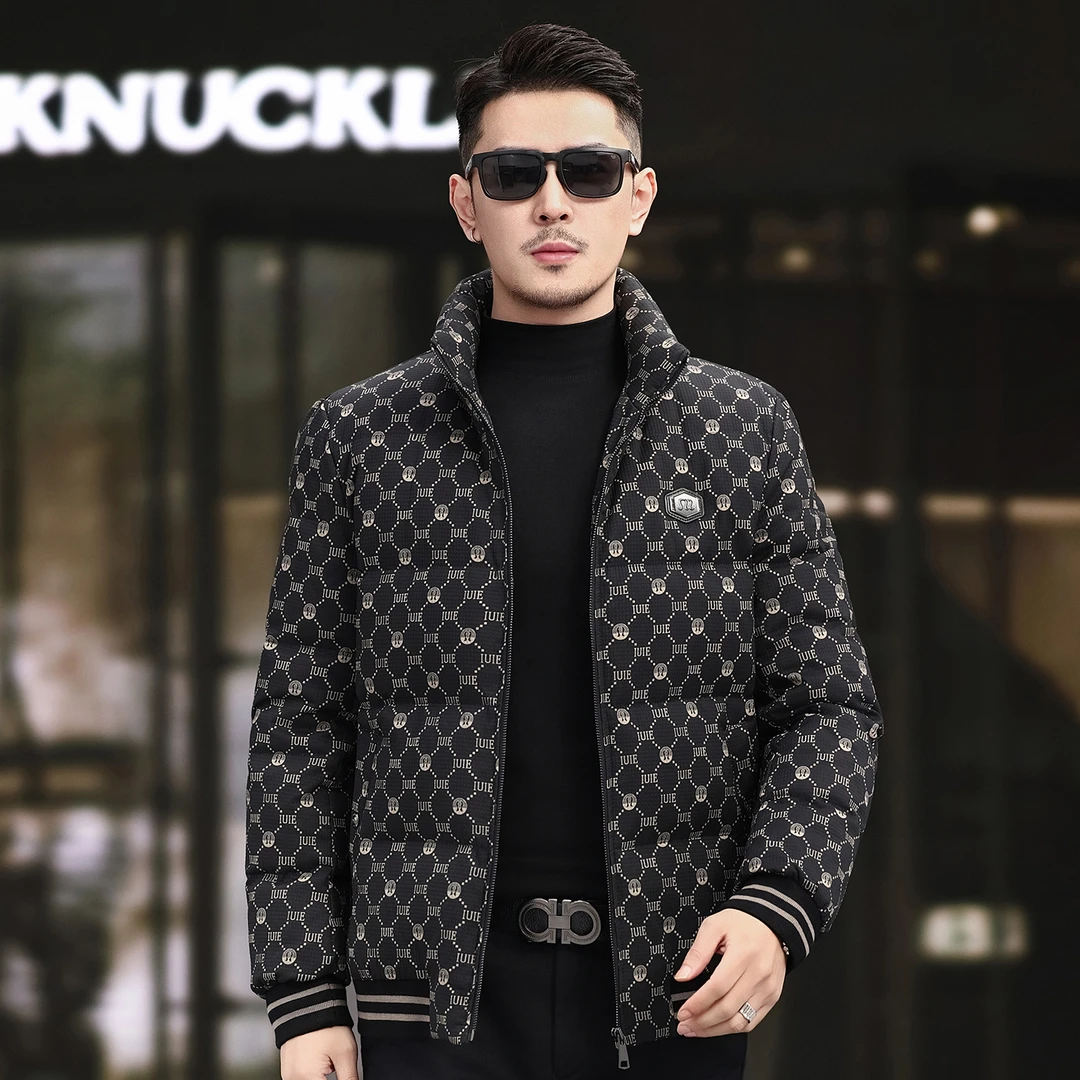 2025冬季男士羽绒服短款立领印花格子上衣中青年潮流男装保暖外套