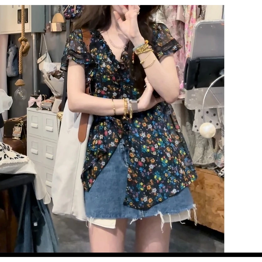 S50602862素拉那里定制法式复古透视碎花肌理感蕾丝荷叶花边衬衣