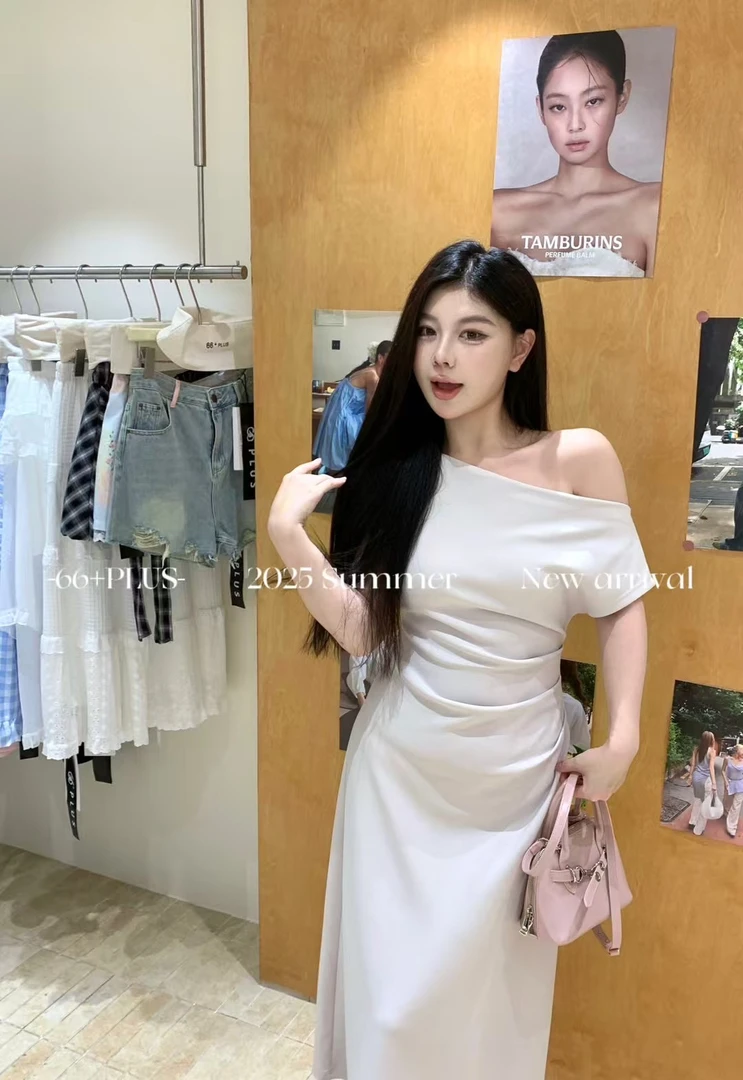 【LUMI】捻丝乱麻杏色斜肩长短款裙子一字肩梨形身材开叉气质连衣裙