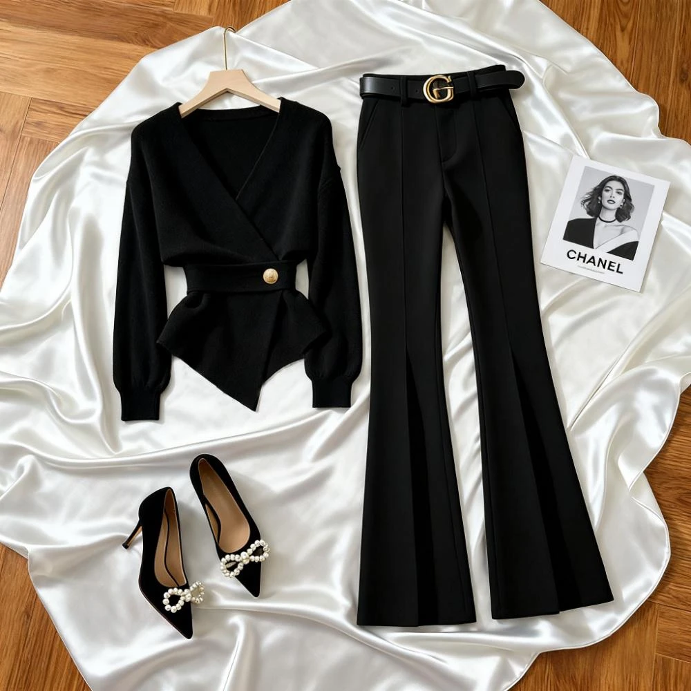 轻熟风气质秋冬套装新款收腰显瘦针织上衣休闲裤时尚小香风两件套