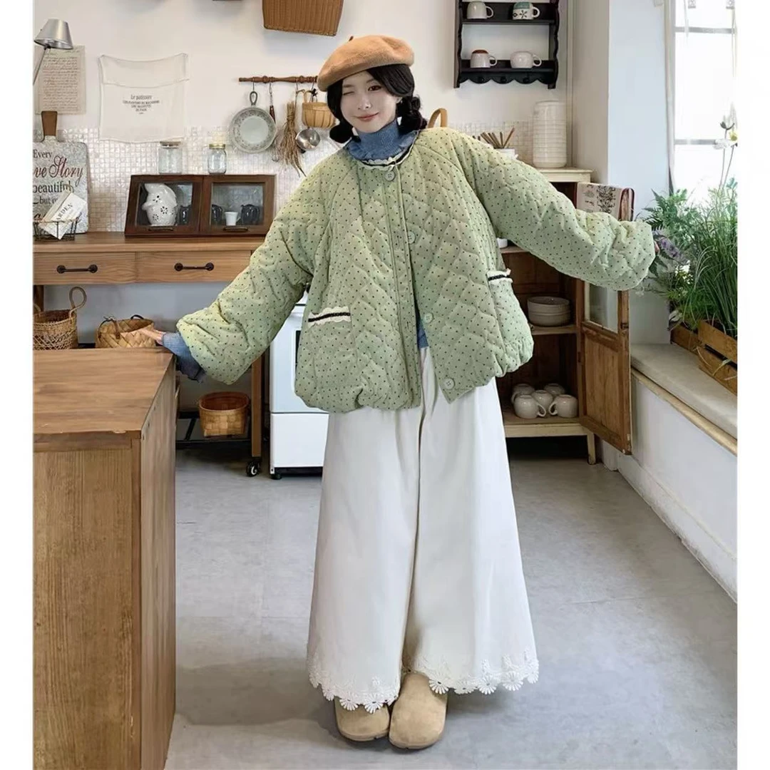 大码女装加厚宽松波点棉服青绿色小清新外套打底t恤灯芯绒休闲裤