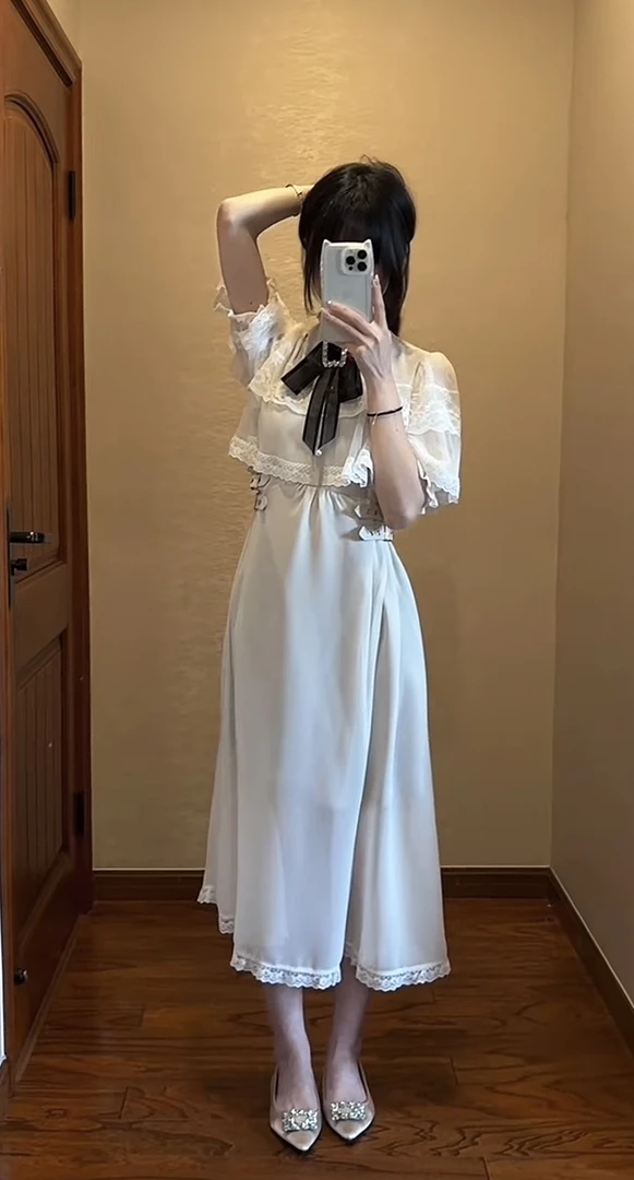 rojita日系斗篷连衣裙少女公主甜美罩纱蕾丝披肩收腰连衣裙夏季