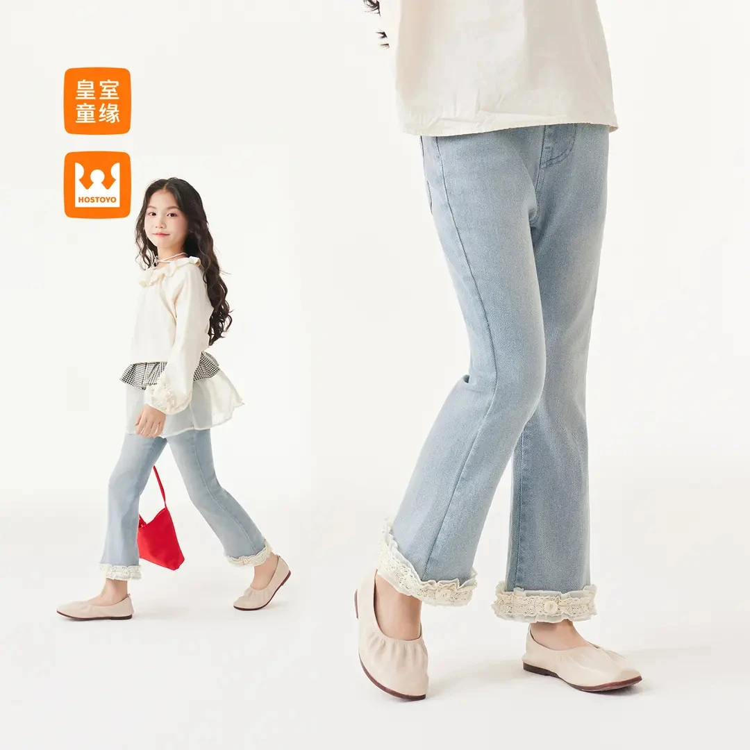 皇室童缘女童裤子春秋季2025新款儿童花边喇叭牛仔裤17780350001