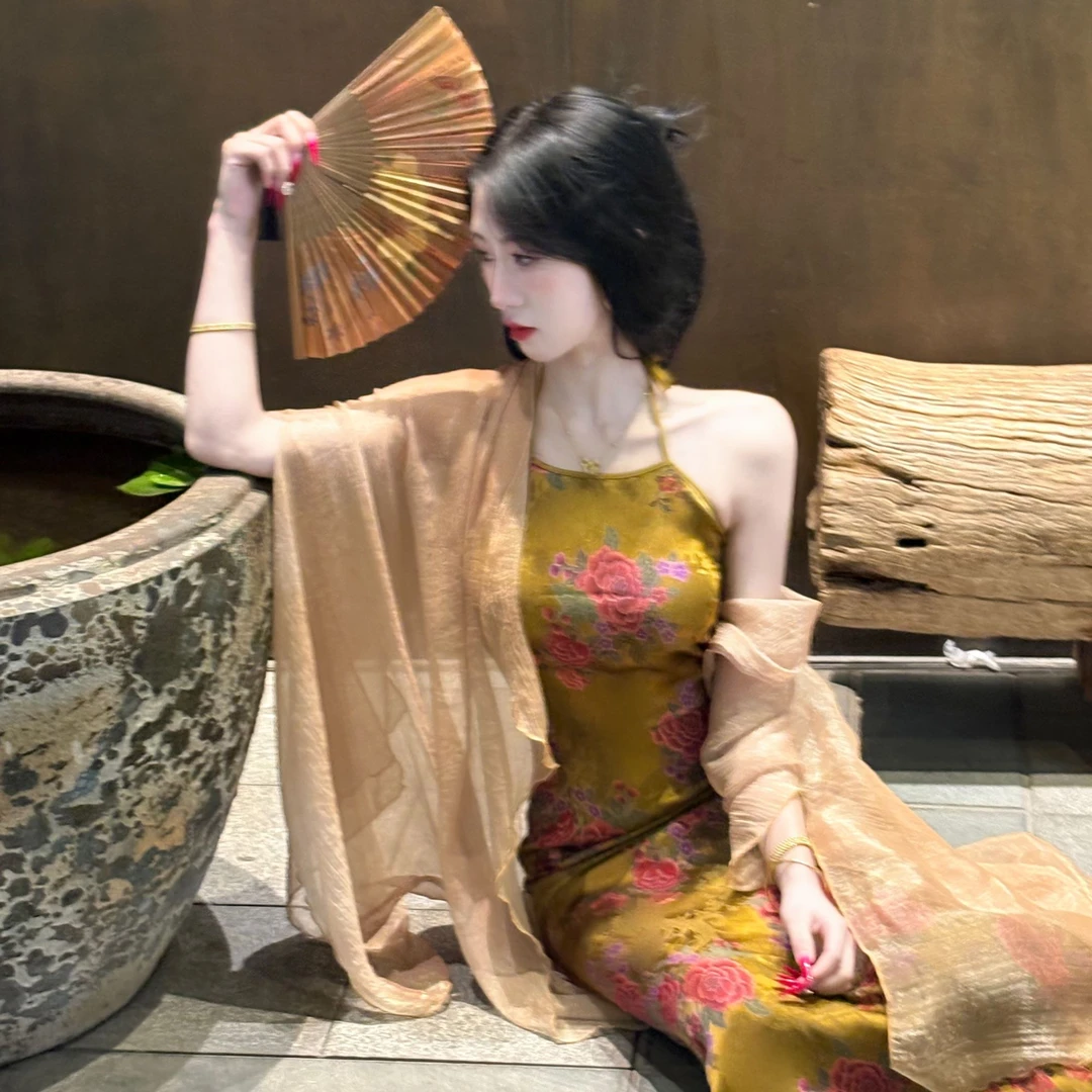 LHMknk1画报夫人原创自制新中式长款修身旗袍吊带连衣裙 贵花金