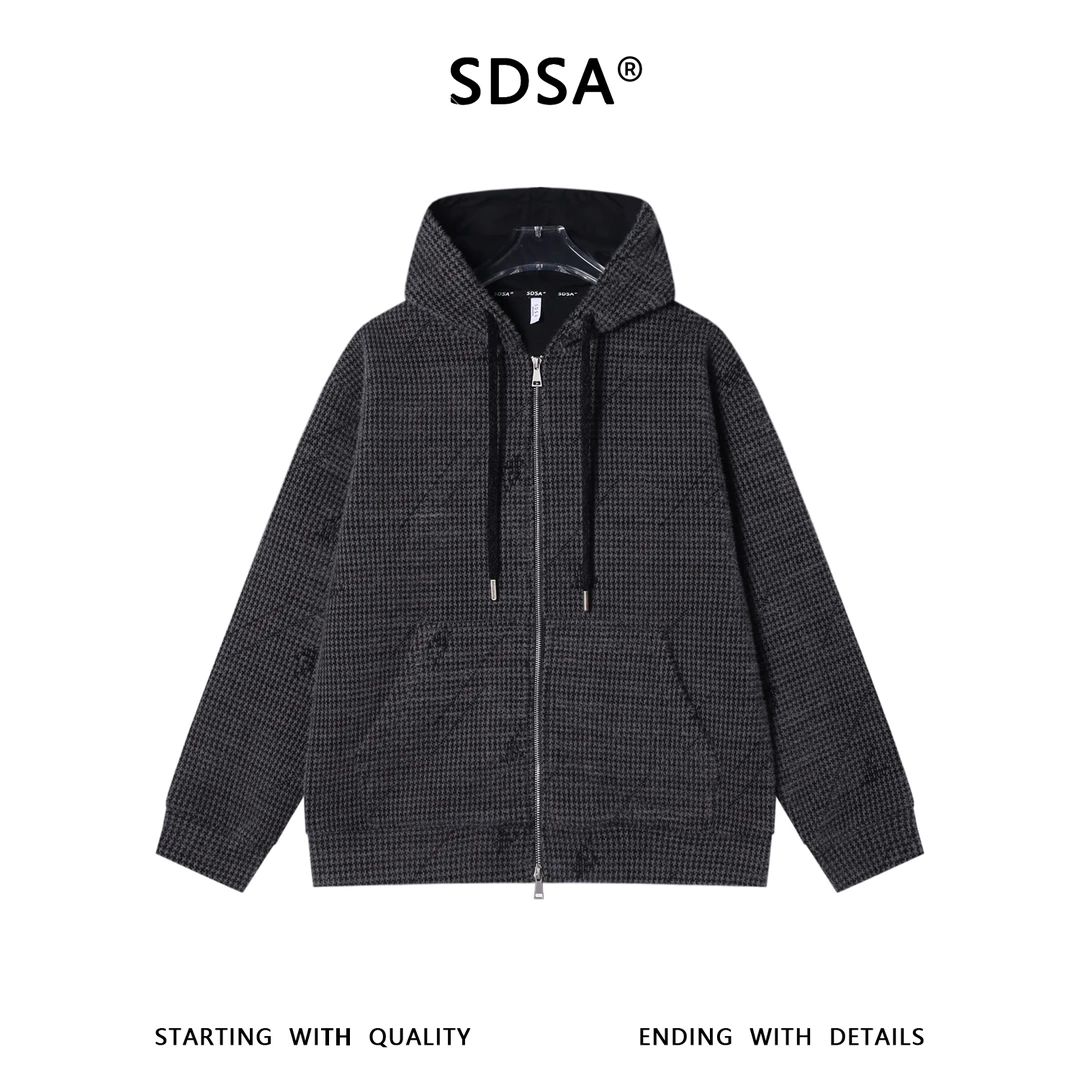 SDSA男士秋冬新款痞帅男装高级感简约撞色线条拉链连帽卫衣百搭潮