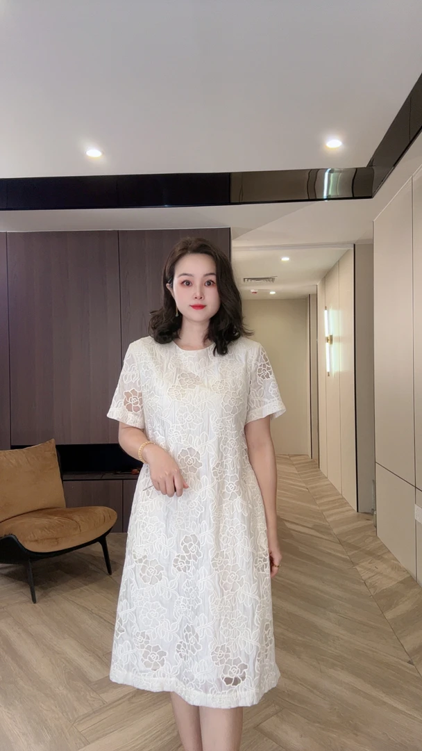 2580山茶花丝绵连衣裙清爽舒适直筒中裙简约设计3夏季圆领气质m99