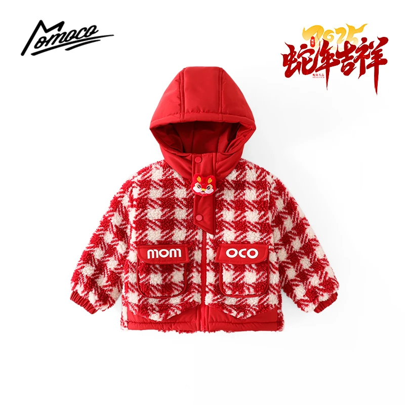 MOMOCO冬季新款男童时尚红色格子毛毛夹棉年款外套75480123023