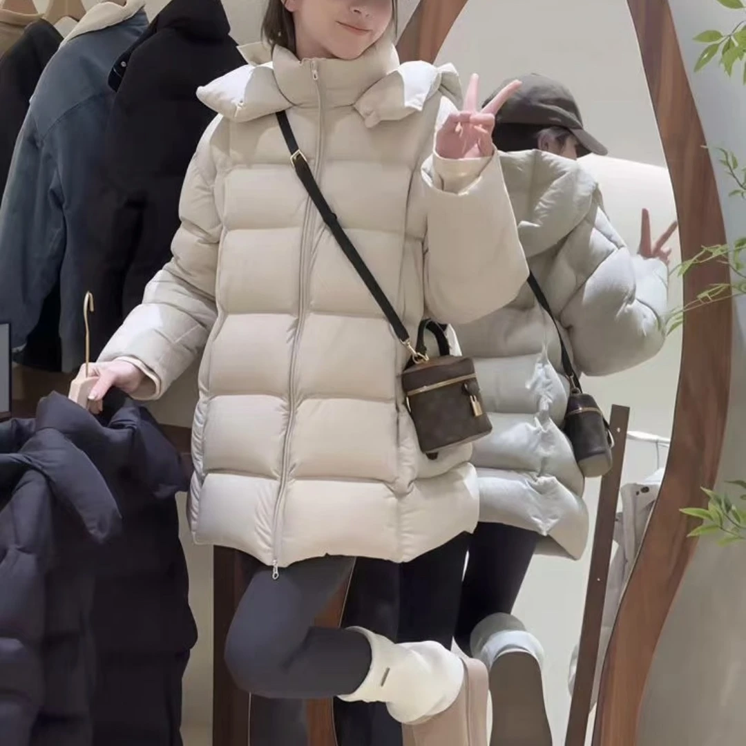 秋冬衣鸭鸭泡芙羽绒服女中长款2025年新款冬季加厚保暖连帽简约韩