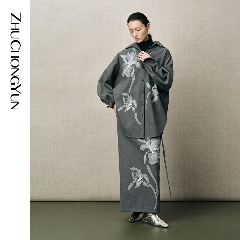ZHUCHONGYUN2025冬新款花纹廓形衬衫宽松上衣C1FZ40019