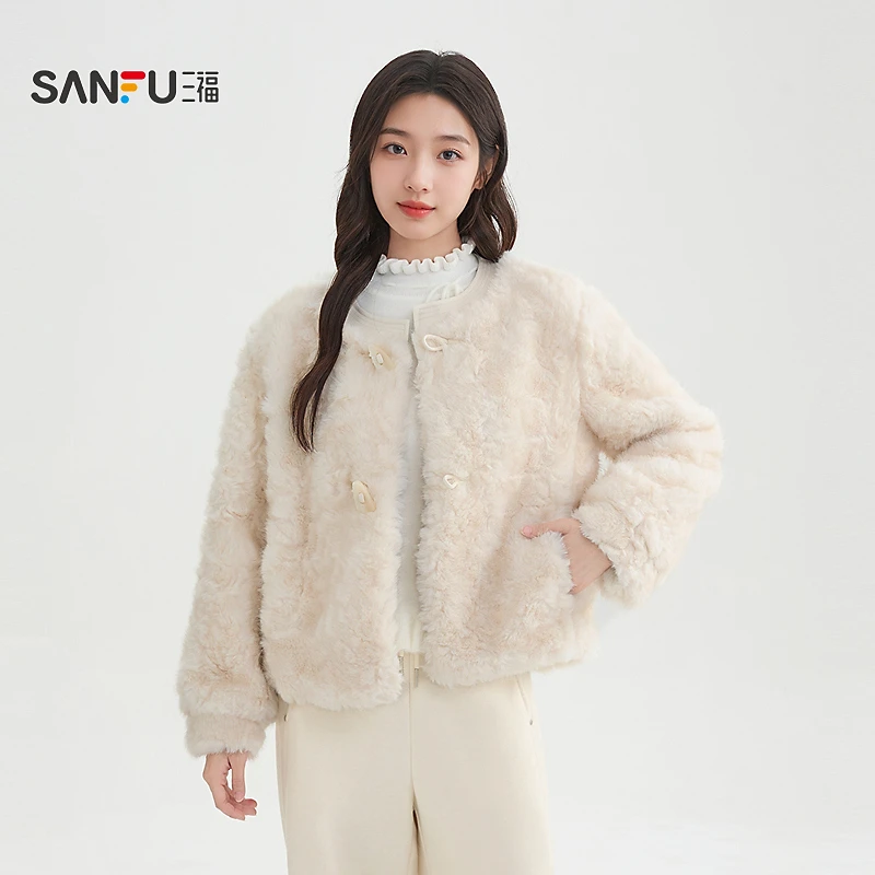 三福厚外套2025冬季气质小香风毛绒保暖圆领上衣女装520466