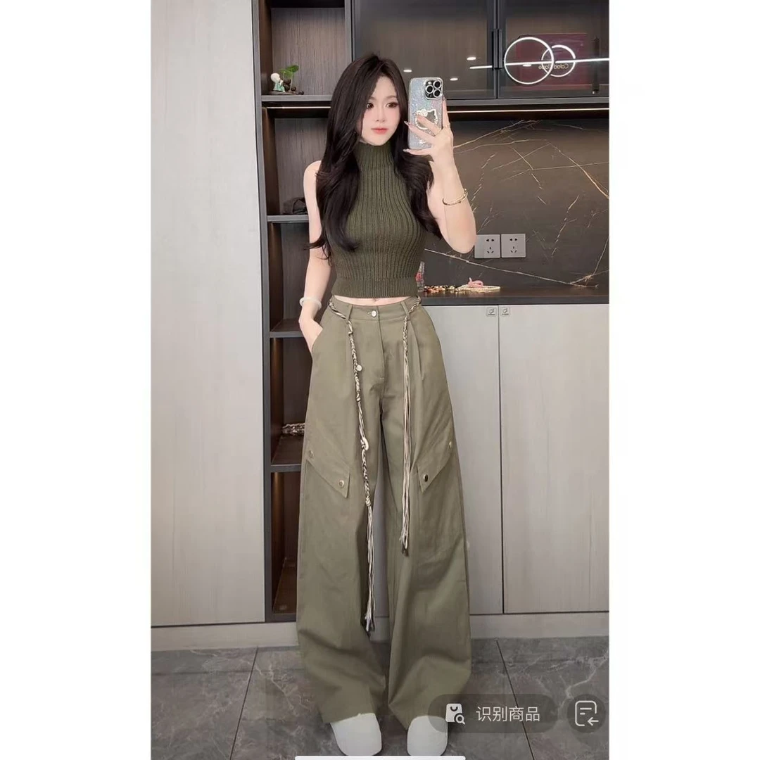 曼曼【街头酷派 】美式复古直筒口袋工装裤休闲裤女（无腰带）3539#