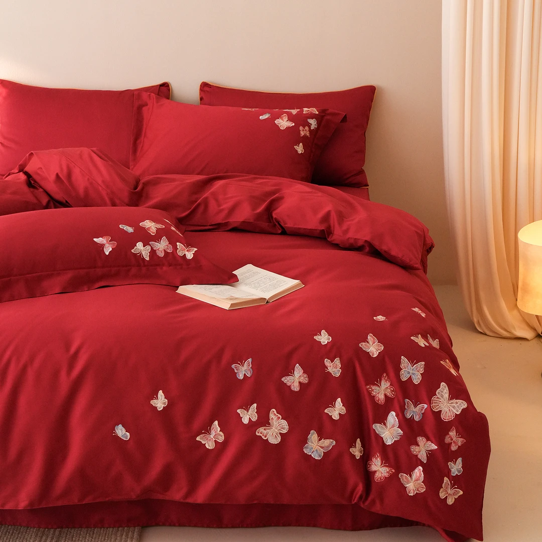 100S高档刺绣中式婚庆四件套红色全棉纯棉结婚床单被套床上用品