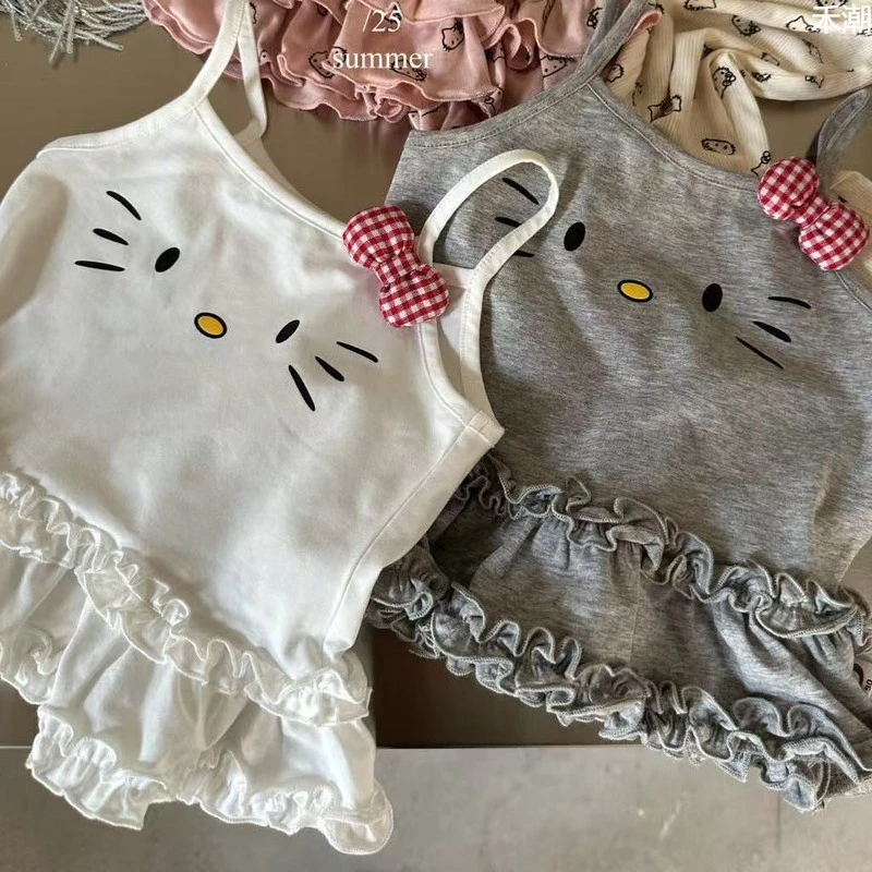 Libra女童洋气花边小吊带女童夏季凉快上衣可爱蝴蝶猫咪外穿吊带