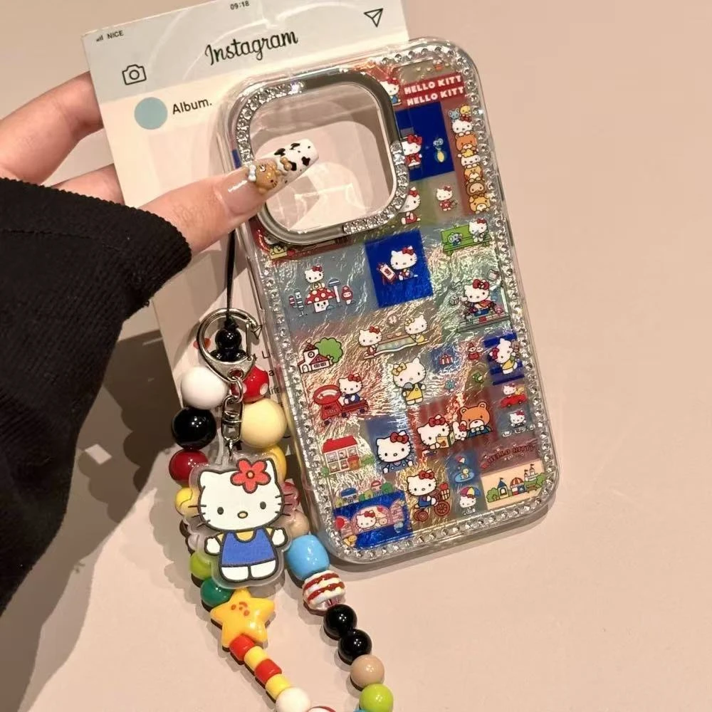 彩色方格插画满屏闪粉KT猫适用iPhone16promax苹果15手机壳14新款