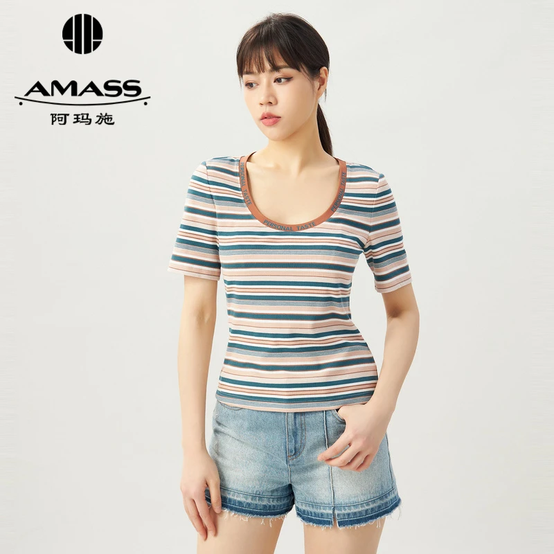 阿玛施AMASS美拉德风拼色字母U领修身短袖T恤5300759-2
