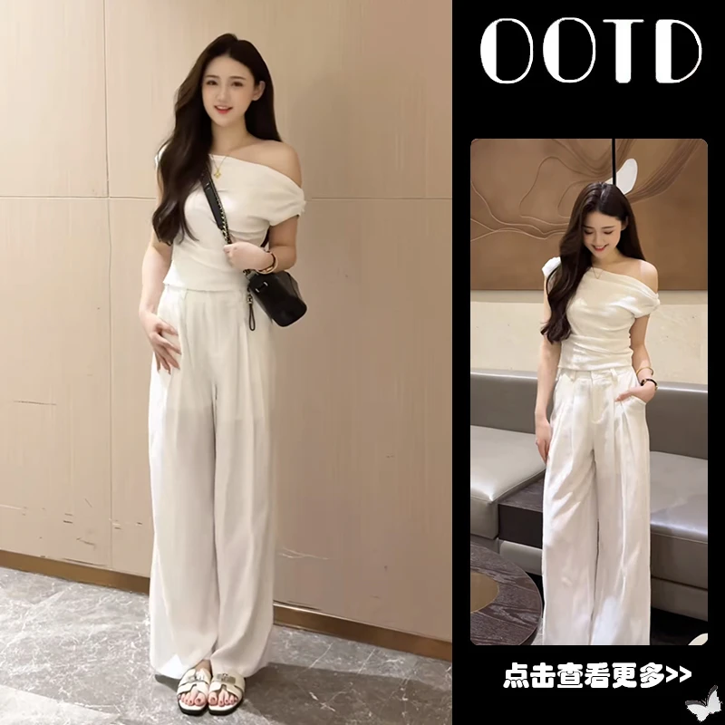 夏季流行穿搭一整套女2025新款韩版白色露肩T恤百搭阔腿裤两件套