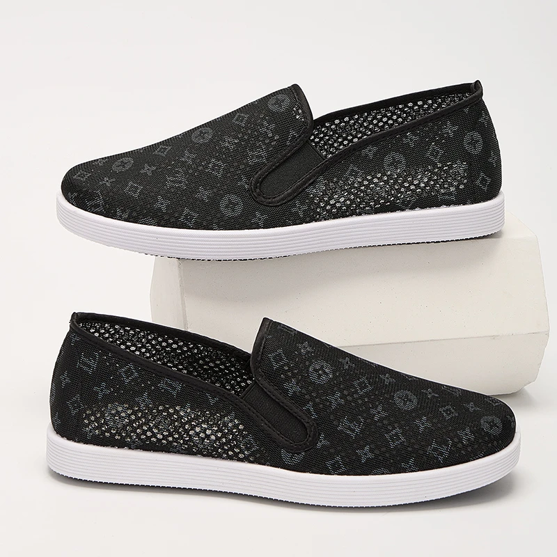 夏季老北京布鞋男士透气印花网鞋黑色防水工作一脚蹬防滑网面鞋男