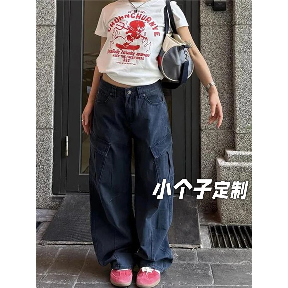 150小矮个子多口袋工装牛仔裤女秋美式复古直筒裤高腰显瘦阔腿裤