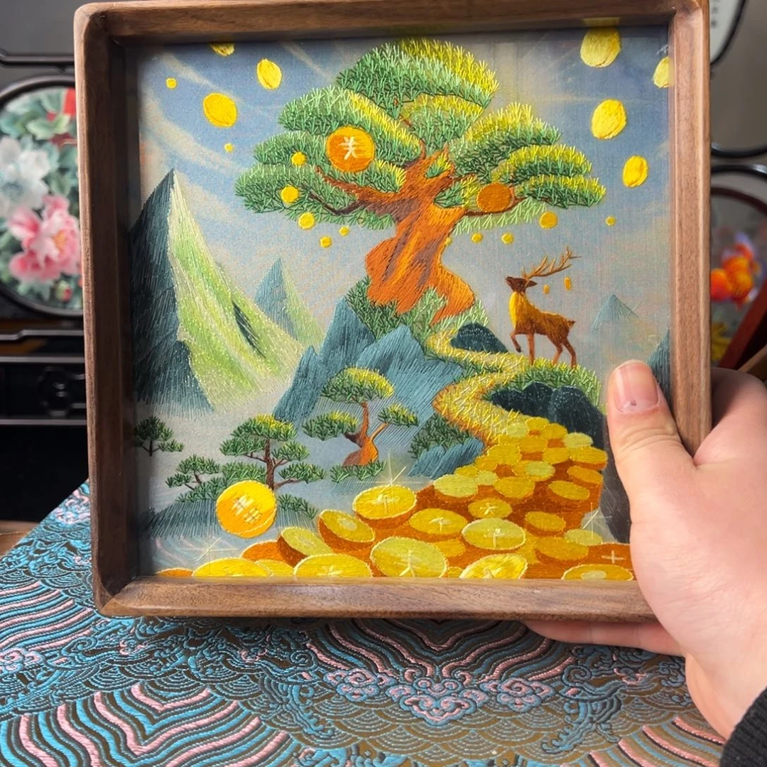 刺绣纯手工刺绣双面绣实木摆件