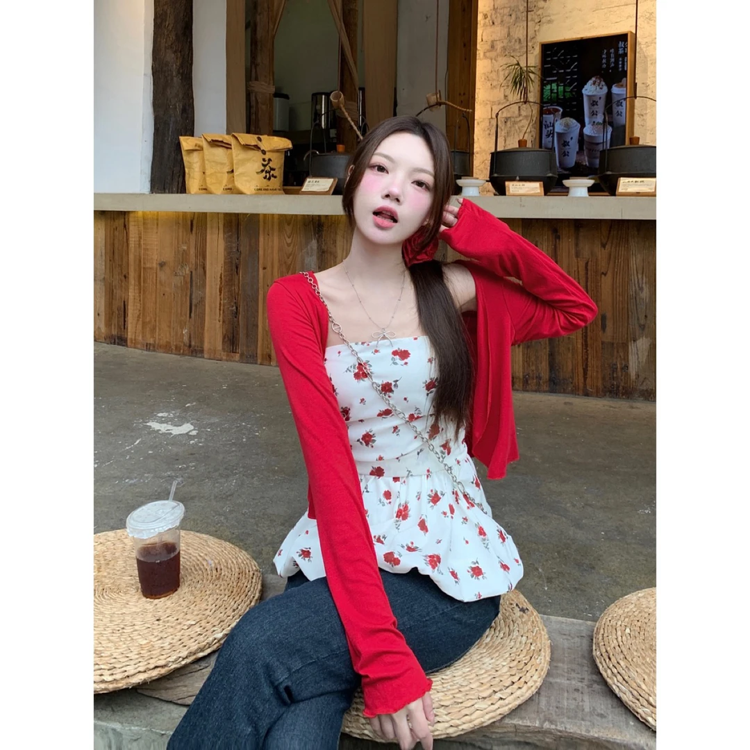 【甜心玫玫】春夏复古纯欲碎花抹胸上衣显瘦气质小众ins法式+开衫