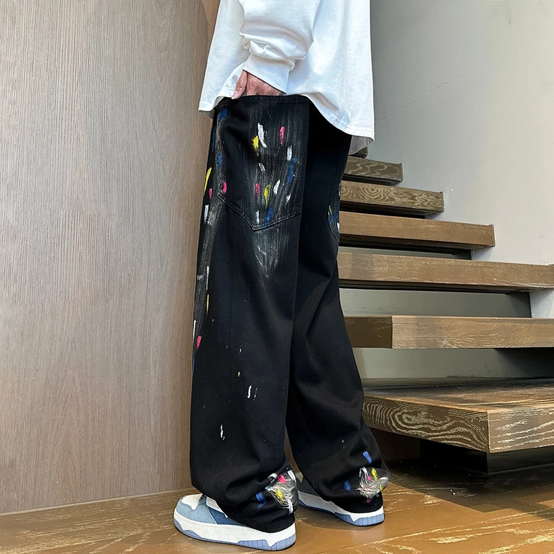 泼墨涂鸦裤子男士春季2025新款多巴胺青少年高级感宽松直筒休闲裤