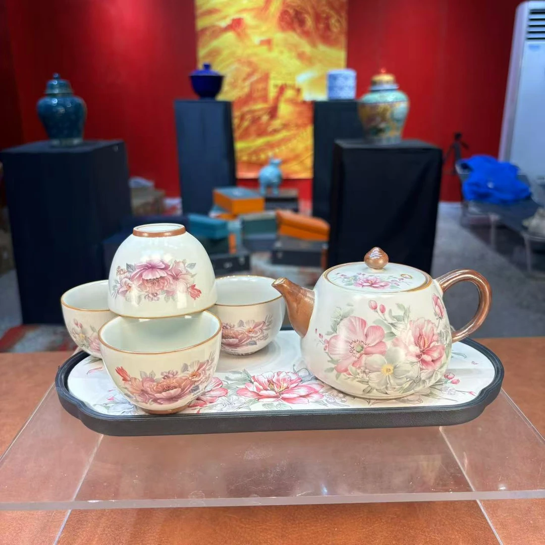 秋香茶具  紫色国色天香一壶四杯+盘（无礼盒）小套装-2834