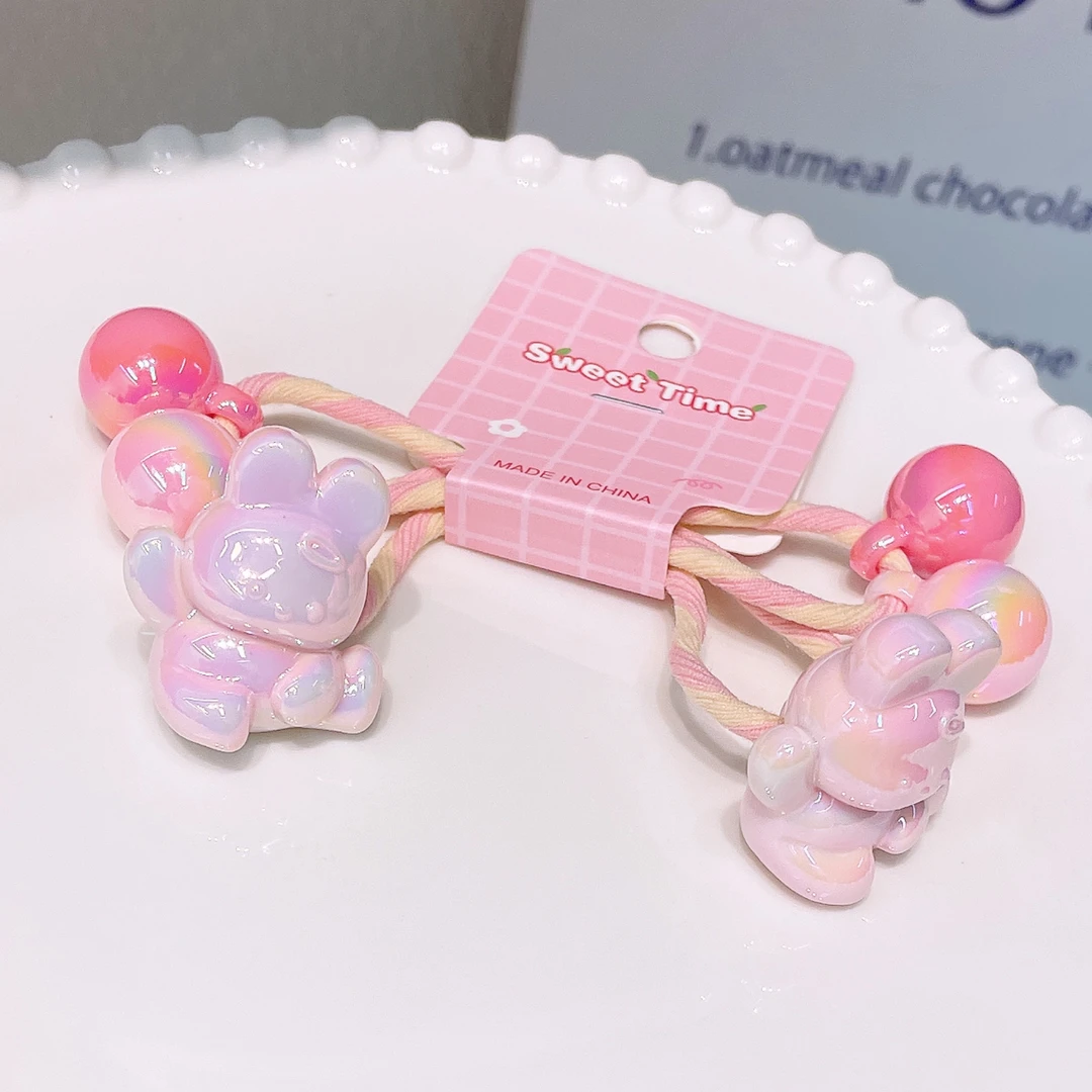 A-6492 1对粉色兔子球球高马尾百搭不伤发绕绕头绳        发圈