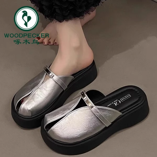 啄木鸟厚底半包头拖鞋2025新款夏时尚小众设计感一脚蹬软底鱼嘴鞋