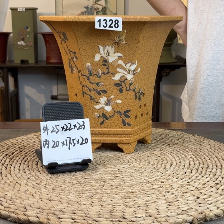 紫砂花盆 新品福利柴烧玉兰手绘束腰六方1328