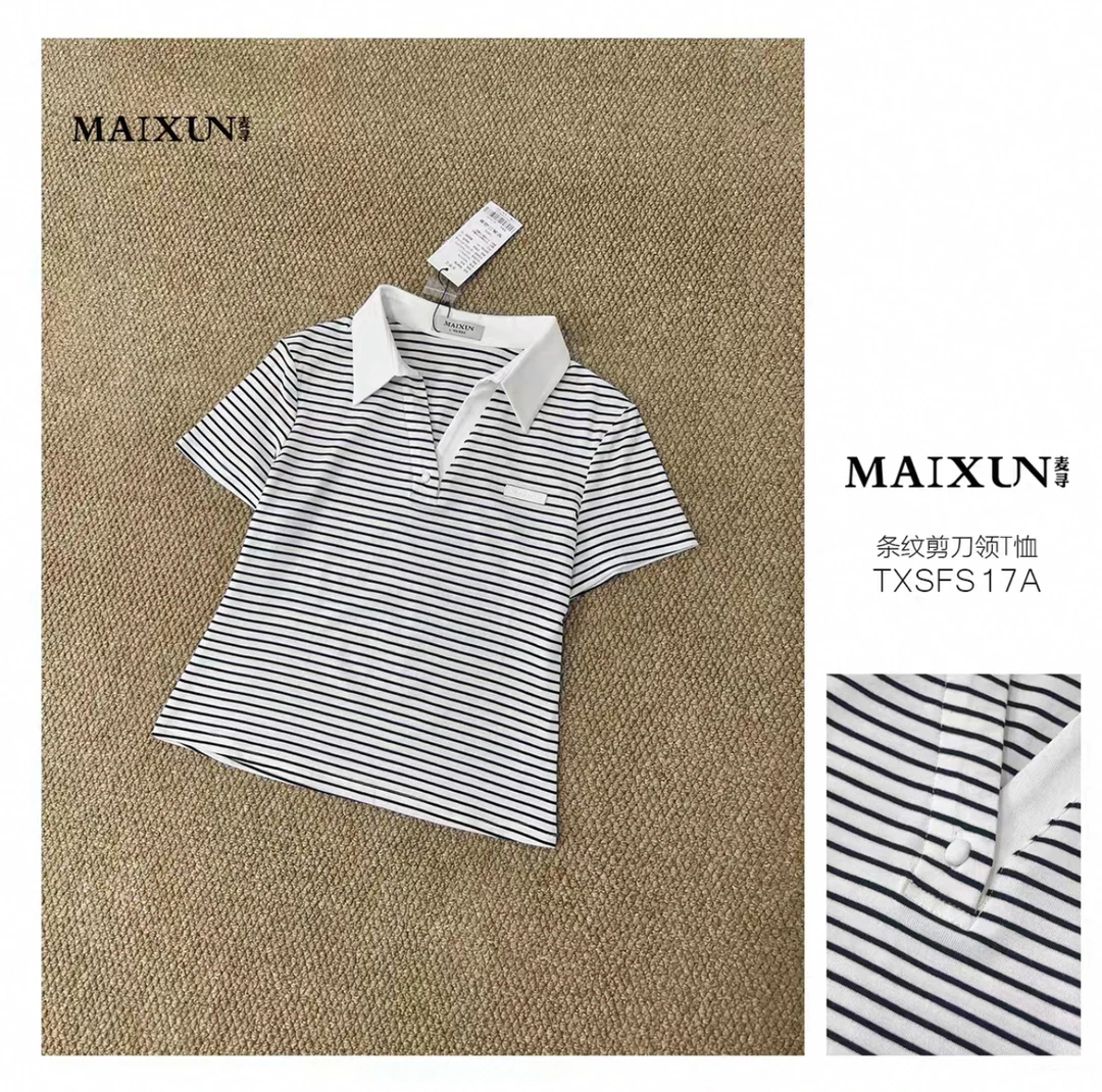 短袖条纹翻领透气基础型包袖T恤百搭夏季ol宫廷风