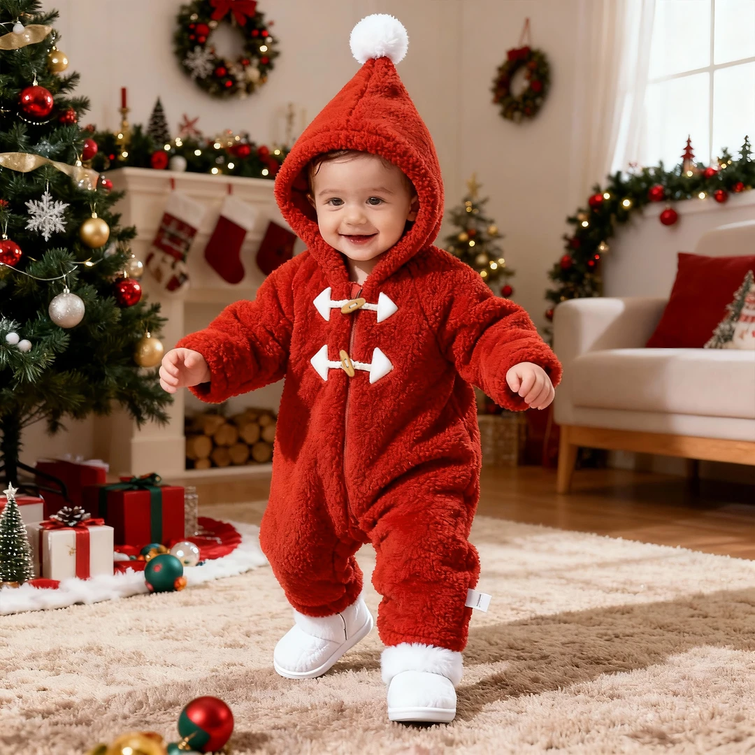 【潘先生高定】红色圣诞抱抱绒200G夹棉加厚婴儿棉服连帽连体衣