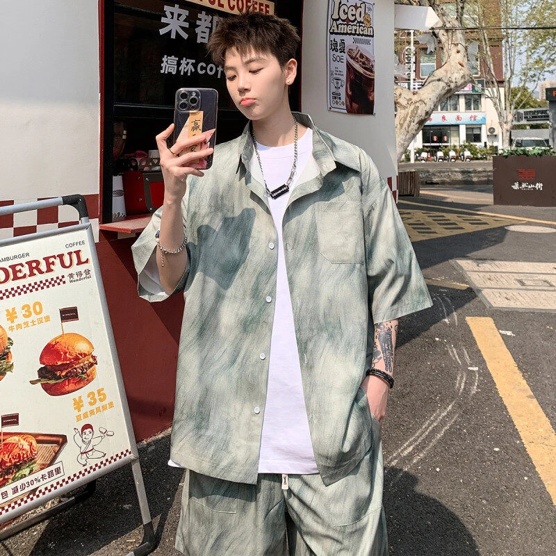 脏脏扎染衬衫短袖套装男款夏季外穿沙滩裤海边度假速干凉感一整套