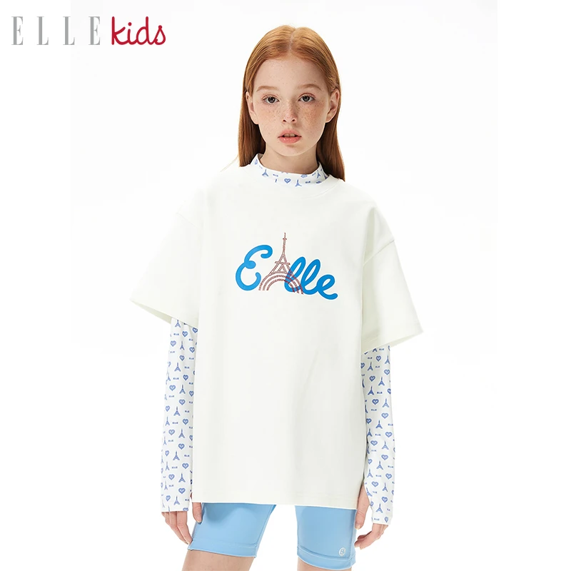 6112 ELLE KIDS童装埃菲尔铁塔烫钻字母印花短T恤女童圆领上衣C2