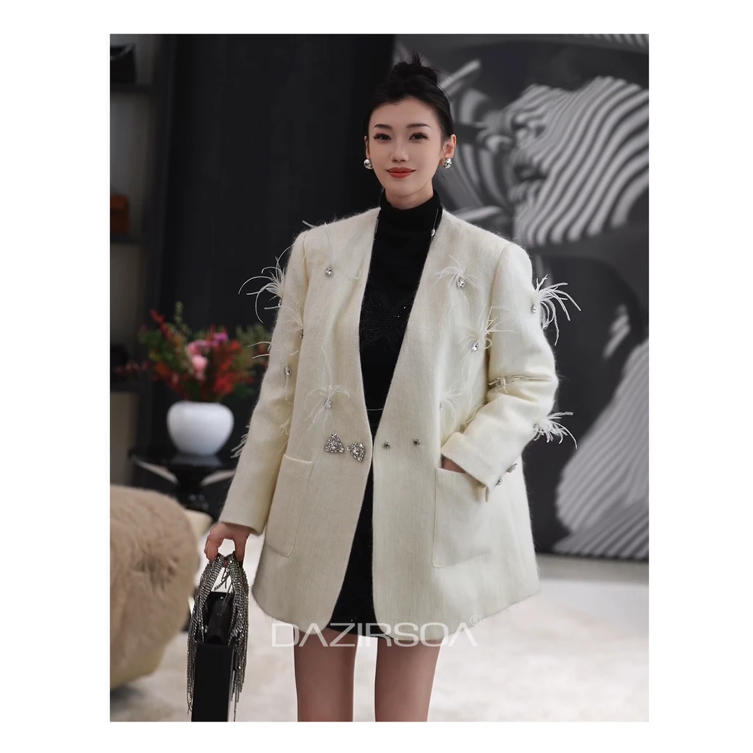 DAZIRSOA/达姿“绒花独奏”拼接订钻流苏小香羽绒服外套 W579