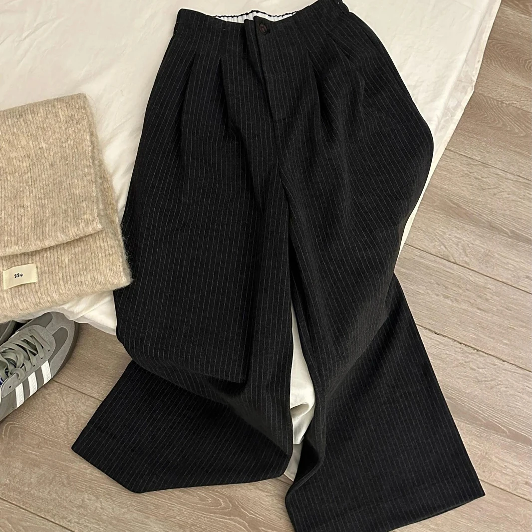 设计感2025百搭舒适条纹高腰休闲裤女秋冬新款显瘦垂感阔腿裤子