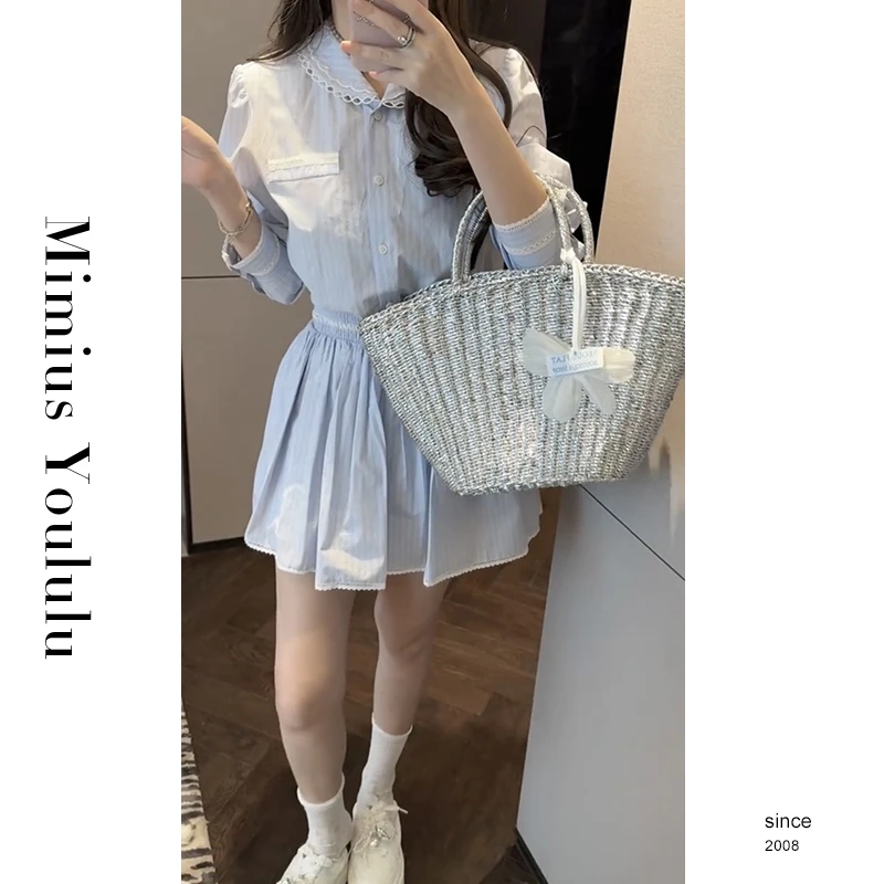 【mimius】L 韩系甜美文艺风娃娃领衬衫+裙裤（含胸针） G03375