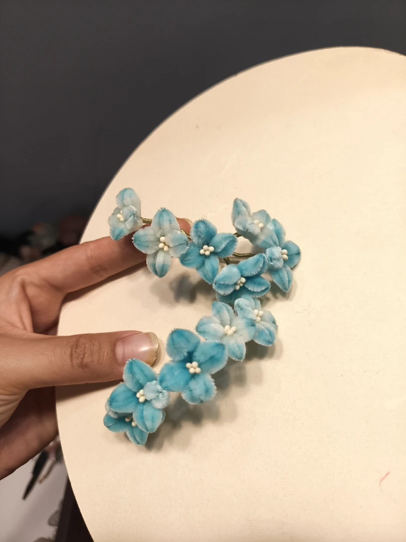 绒花绒款小发排手工森系甜美彩色饰品蓝色边夹简约风简约