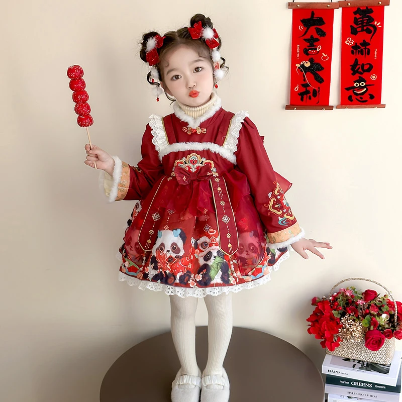 冬季红色熊猫洛丽塔汉服新中式公主裙蓬蓬裙春节拜年服生日礼服