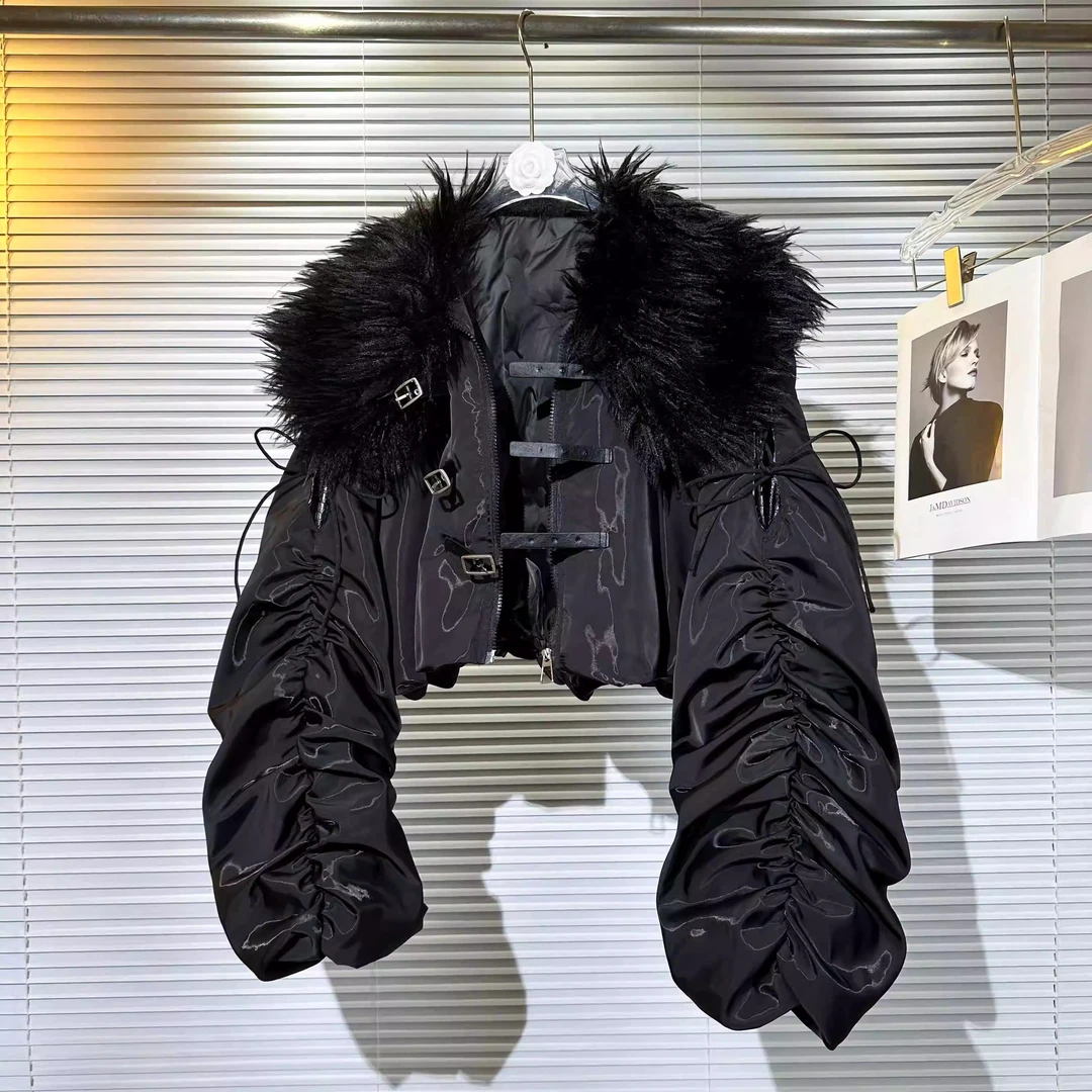 2026春季新款法式气质辣妹亮丝大毛领棉服上衣女秋冬短款棉衣外套