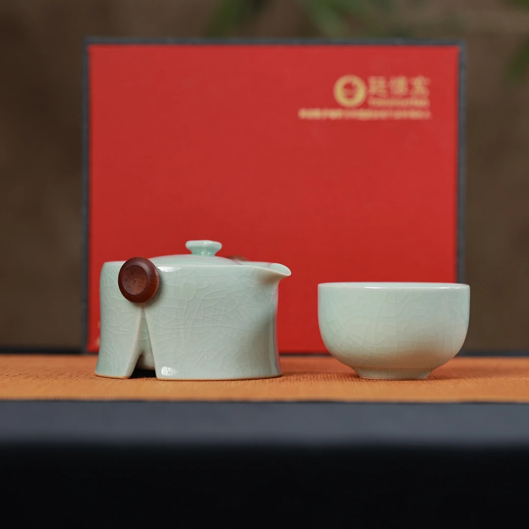 廷怀窑新品汝窑汝瓷卵青一壶一杯便携旅行茶具开片可养