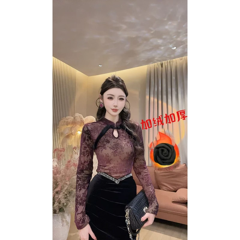 【美美专享】550356韩系盘扣提花修身显瘦加绒T恤上衣女