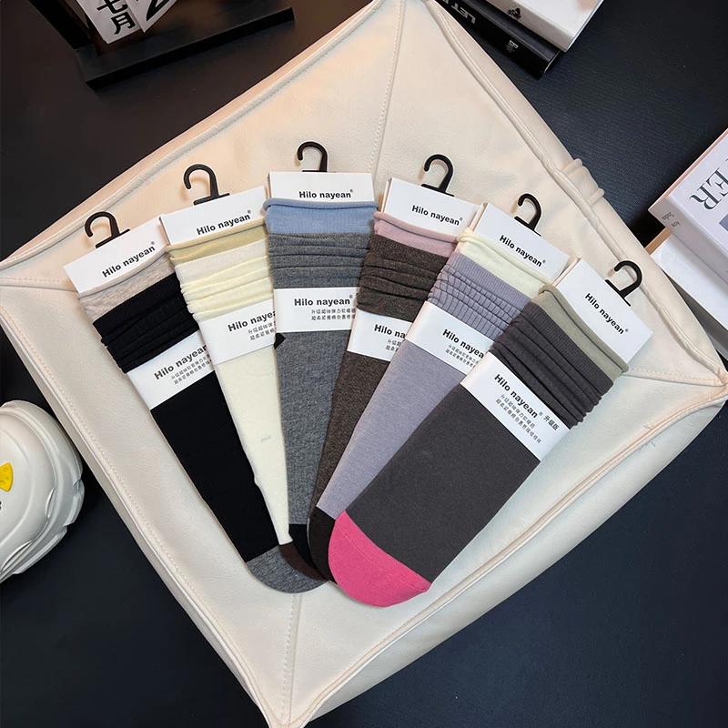 【6双装】南业秋冬简约撞色卷边双罗口无骨堆堆袜女超柔棉中筒袜