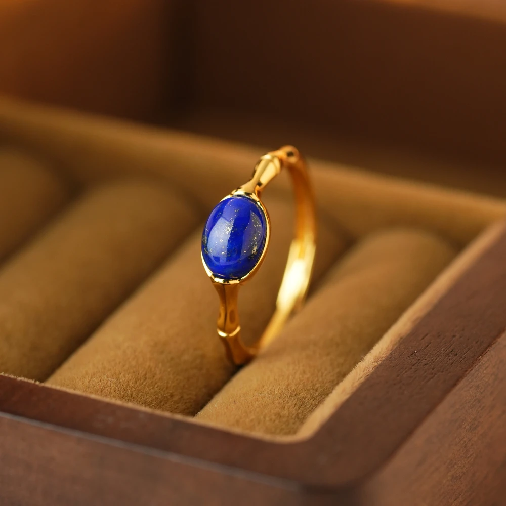 御臻珠宝｜青金石｜S925银｜复古气质戒指金色椭圆精致小众轻奢高级