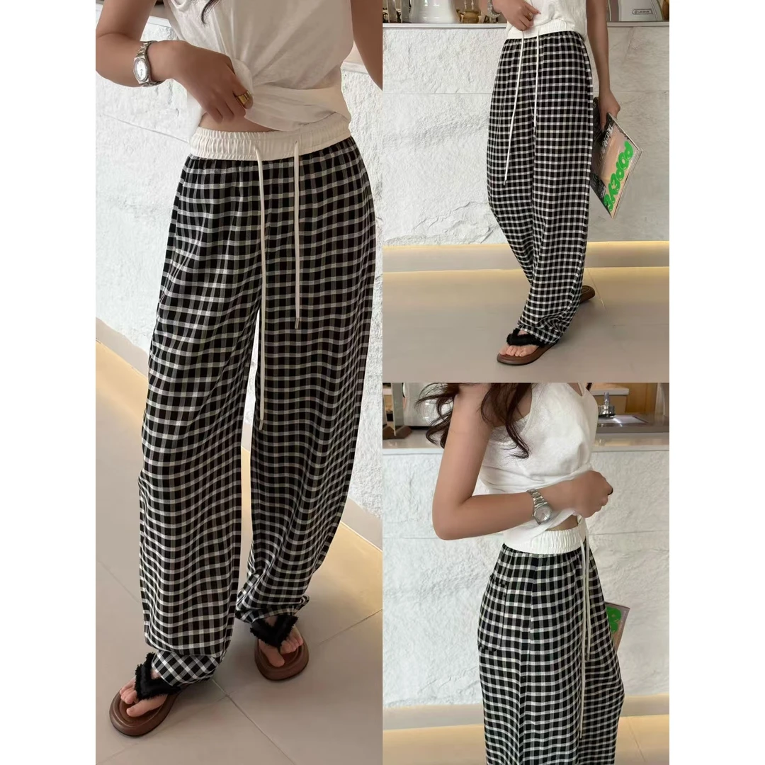 抽绳黑白格拼色莱赛尔醋酯女式休闲裤25DAK0374