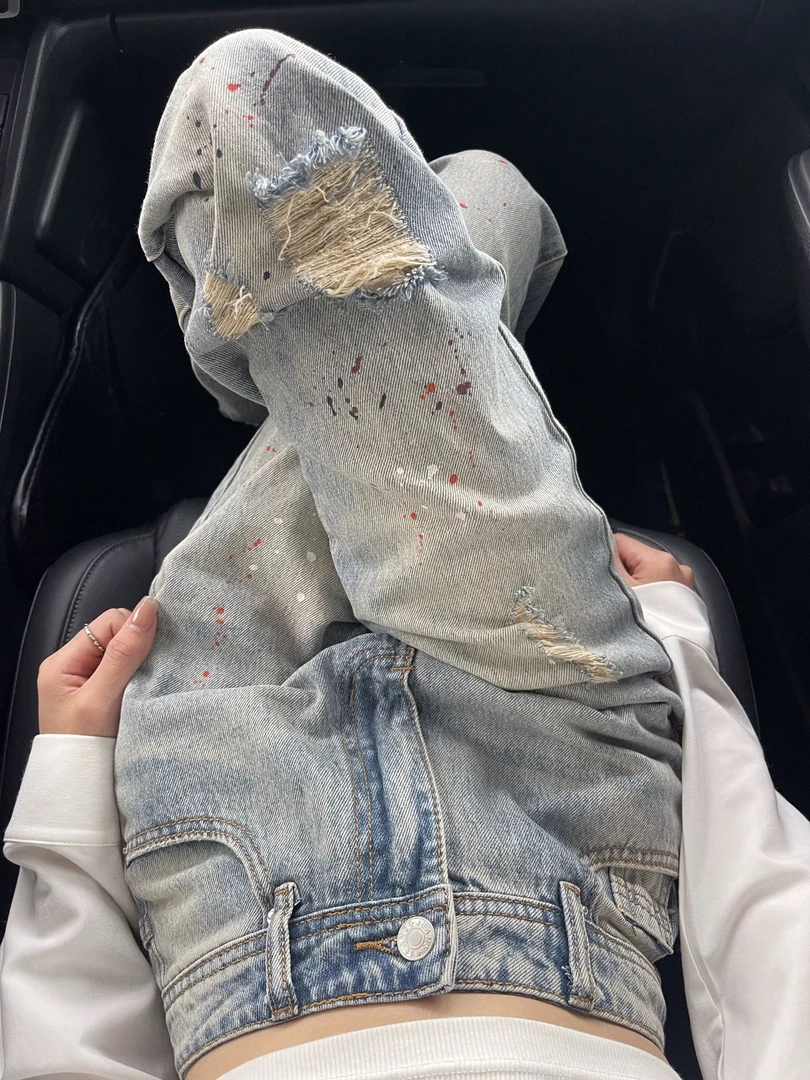 QDB13663泼墨牛仔裤女高腰显瘦宽松破洞直筒裤窄版阔腿裤水洗做旧