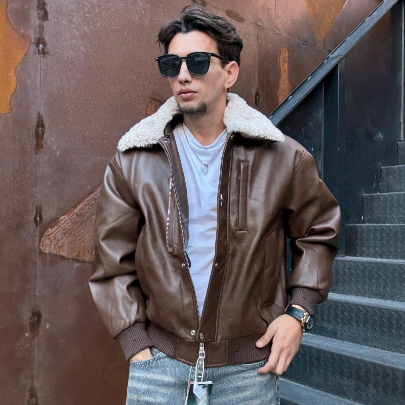 爆款男冬季美式休闲皮衣羽绒服秋冬新款可拆卸摇粒绒毛领保暖加厚
